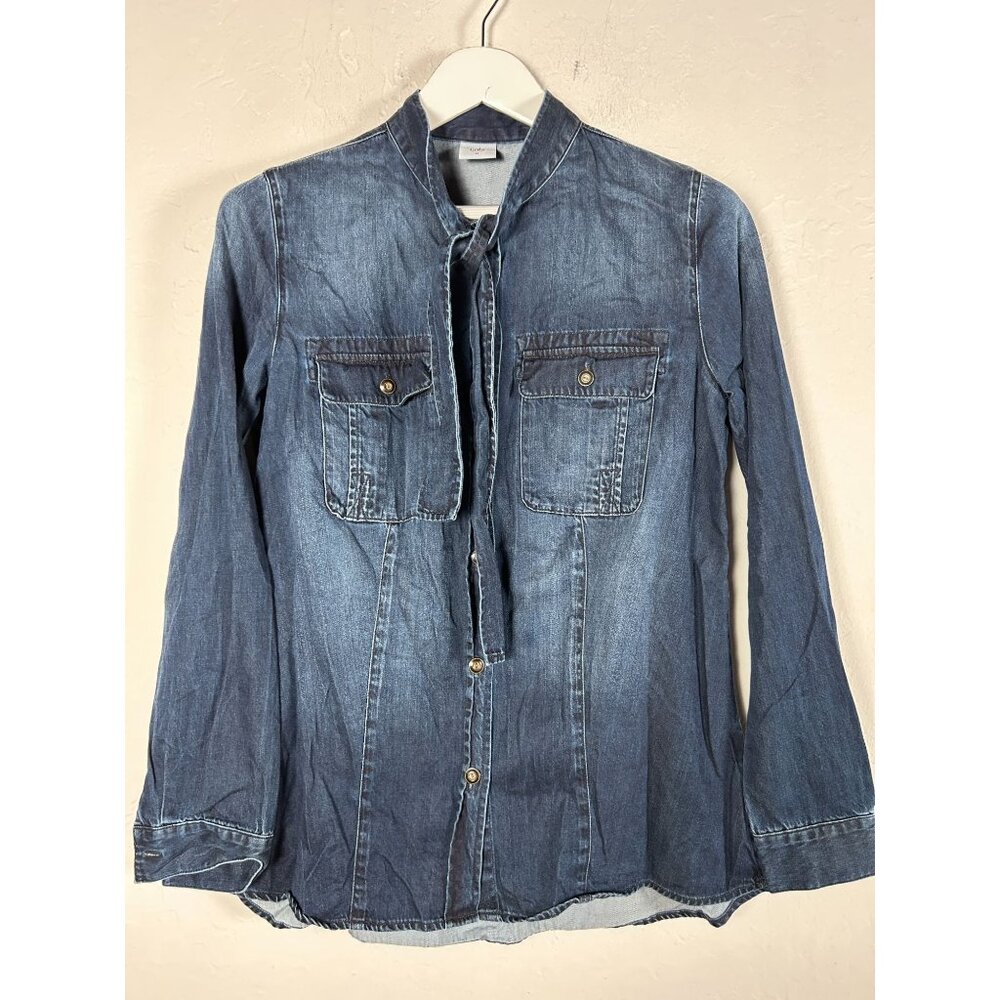Cabi Womens Button-Down Tie Neck Denim Shirt Top Medium Blue Long Sleeve Pockets